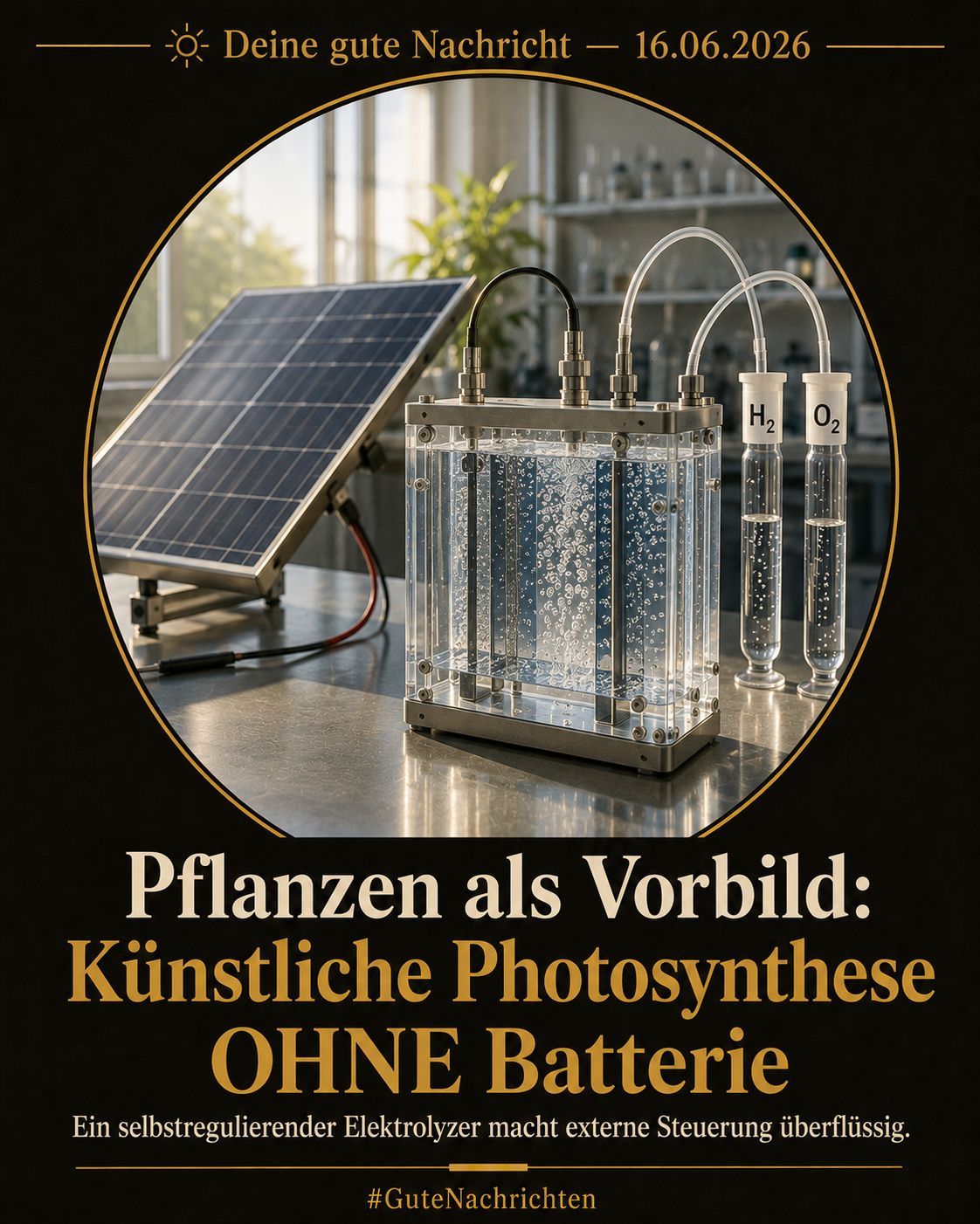 Moderner Elektrolyzer im sonnendurchfluteten Labor – künstliche Photosynthese