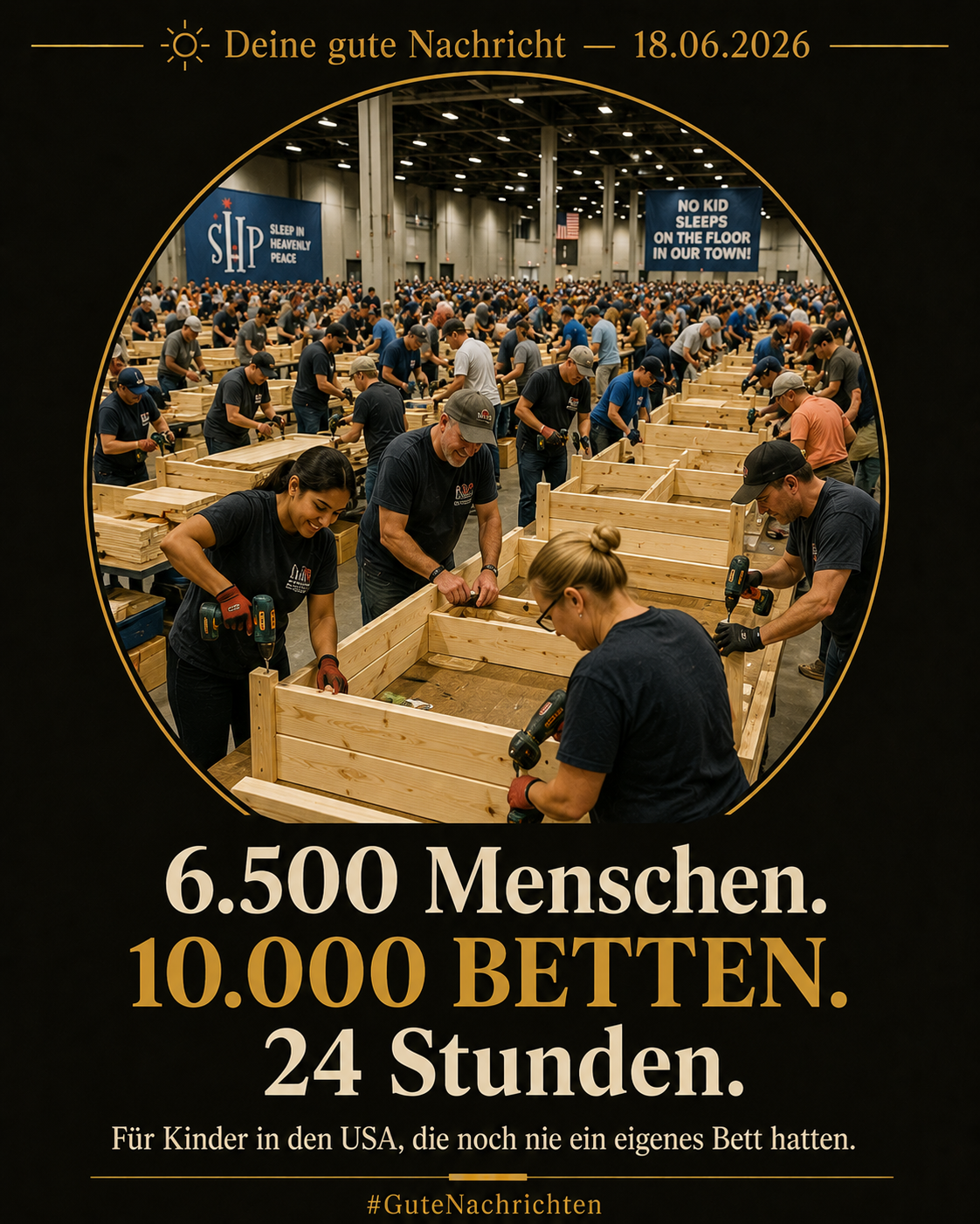 Hunderte Freiwillige bauen gemeinsam Holzbetten in einer großen Messehalle – Charlotte, North Carolina