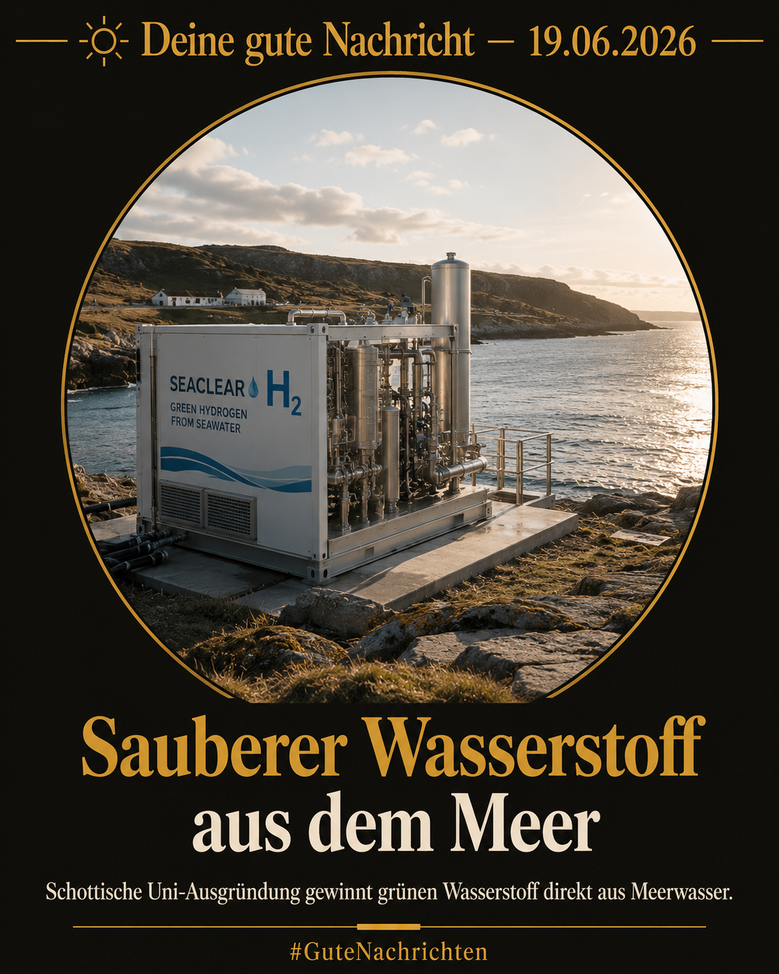 Moderne Elektrolyse-Anlage an einer schottischen Küste im goldenen Kreis – grüner Wasserstoff aus Meerwasser