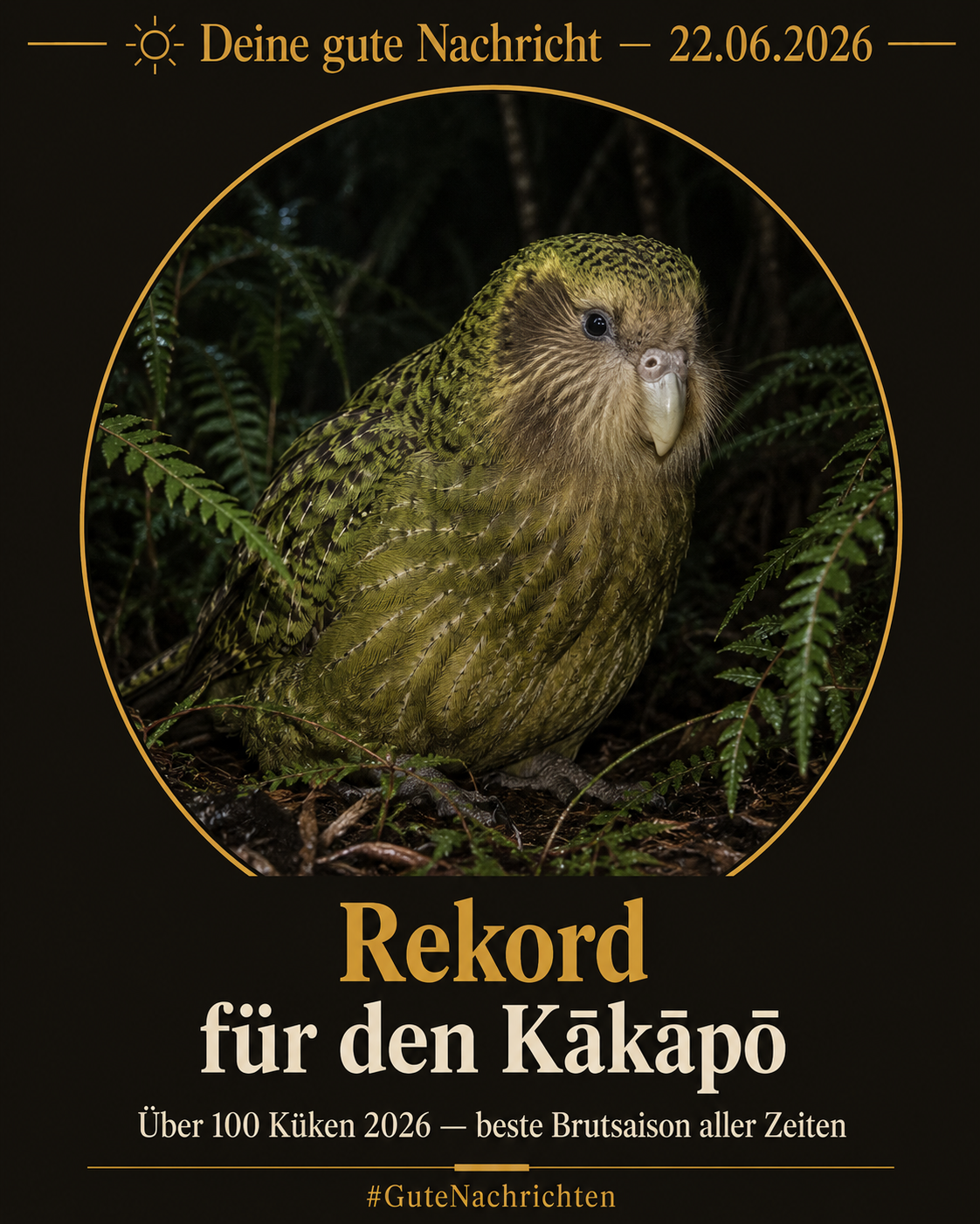 Ein moosgrüner Kākāpō sitzt nachts zwischen Farnen – Neuseelands flugunfähiger, nachtaktiver Papagei