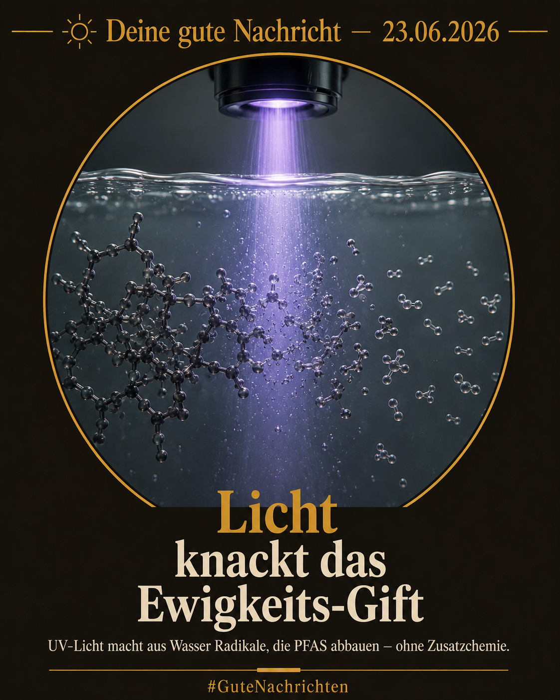Ein heller UV-Lichtstrahl trifft auf Wassertropfen, in denen sich dunkle Chemieketten auflösen – symbolische Darstellung des PFAS-Abbaus