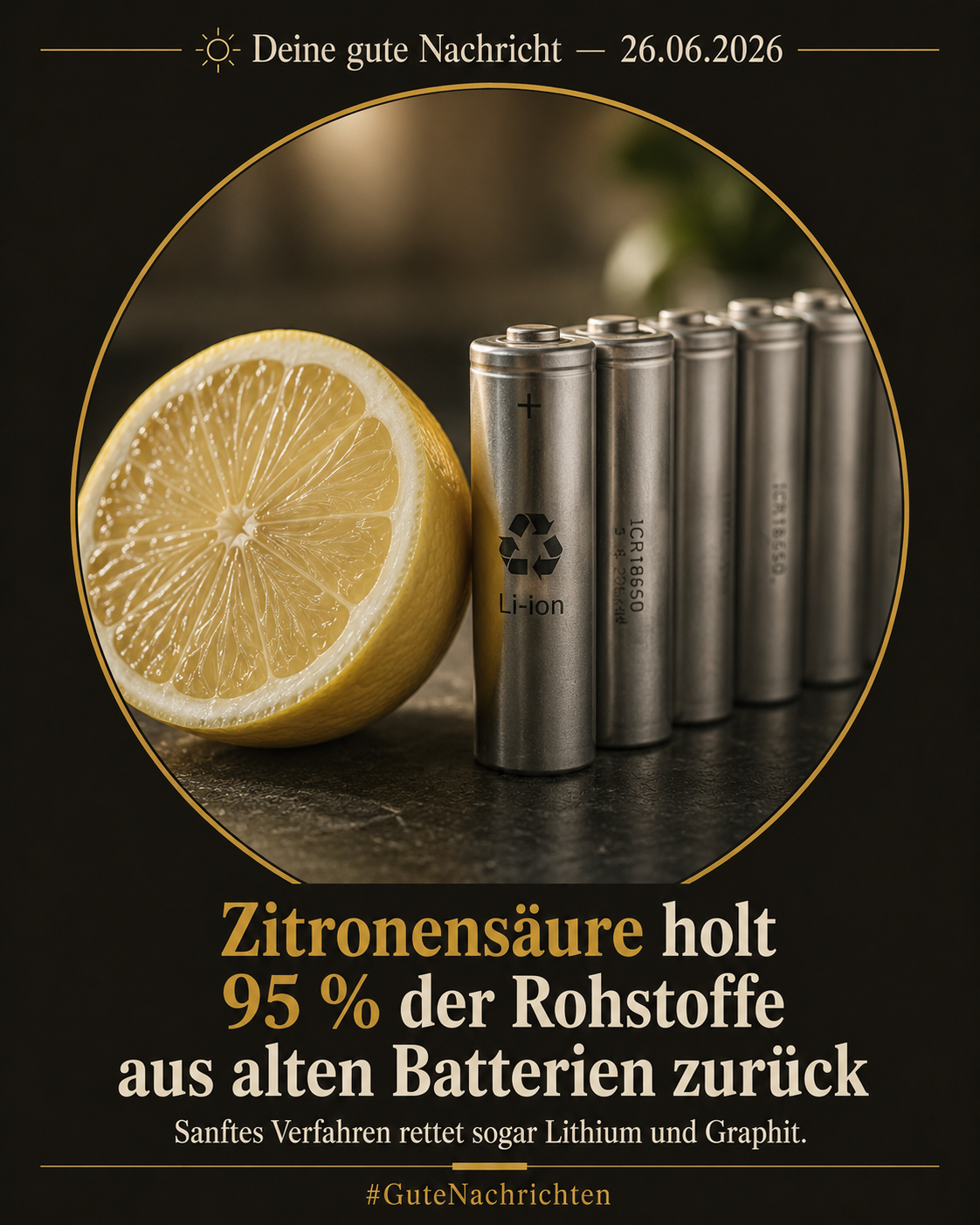 Eine frisch halbierte Zitrone neben einer Reihe silberner Lithium-Batteriezellen auf dunkler Fläche – warmes Seitenlicht