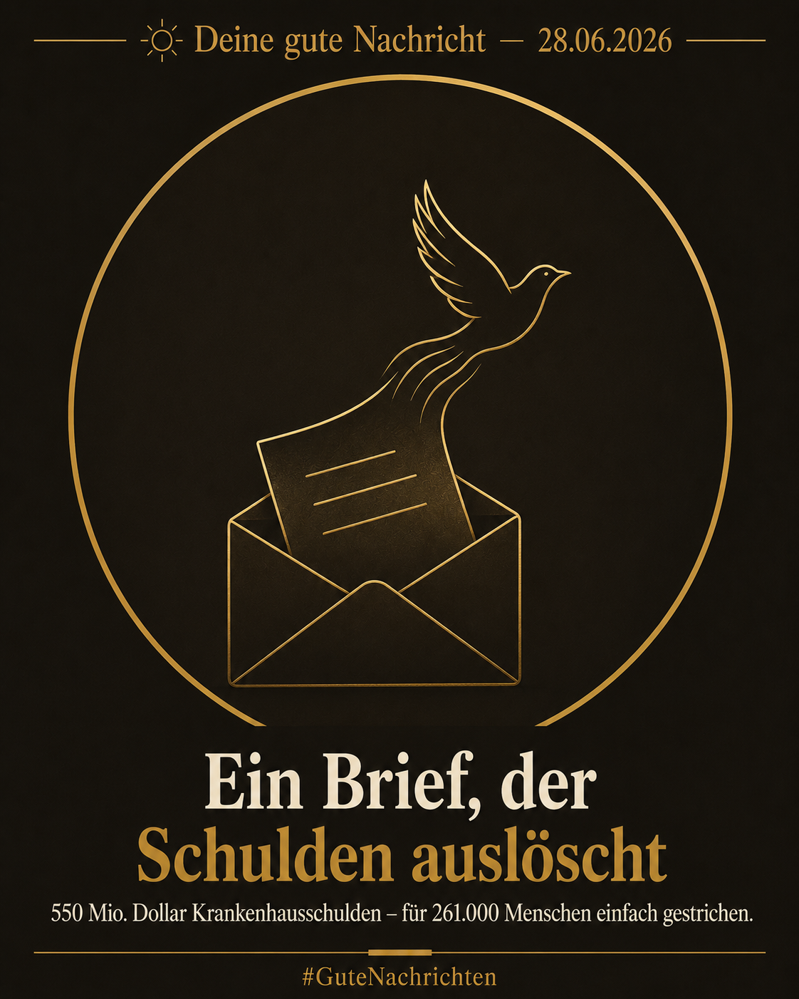 Symbolische Goldlinien-Grafik: ein offener Briefumschlag, aus dem ein Brief aufsteigt und sich in einen Vogel verwandelt – im goldenen Kreis