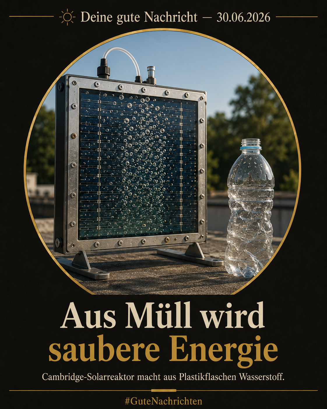 Ein Solar-Reaktor-Panel unter Sonnenlicht; eine Plastikflasche löst sich in Lichtströme auf, die zu aufsteigenden Wasserstoffbläschen werden