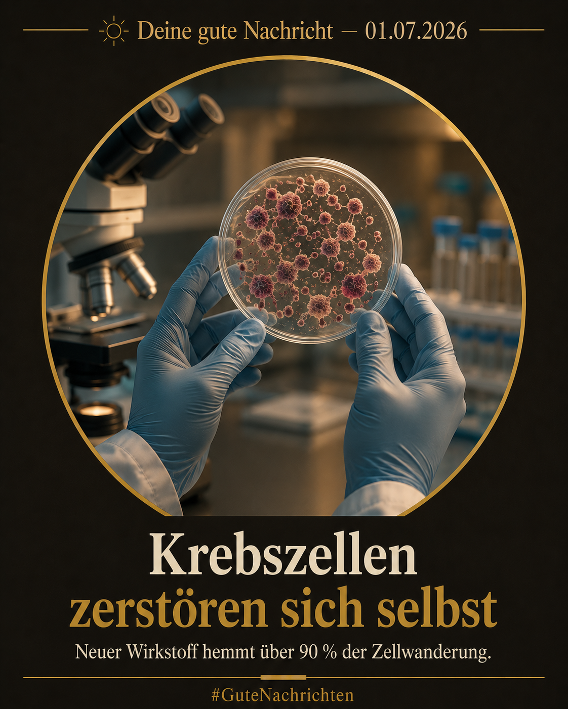 Behandschuhte Hände einer Forscherin halten eine Petrischale mit Zellkulturen unter warmem Laborlicht, im Hintergrund ein Mikroskop