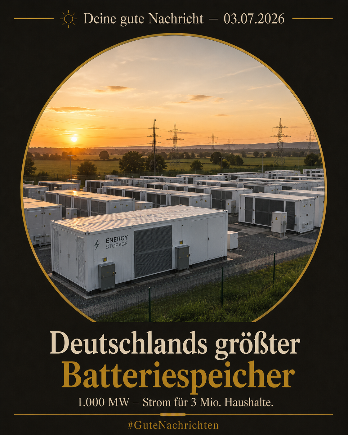 Eine moderne Großbatterie-Anlage in Deutschland – Reihen weißer und grauer Speichercontainer unter Morgenhimmel, Strommasten unscharf im Hintergrund, grüne Felder