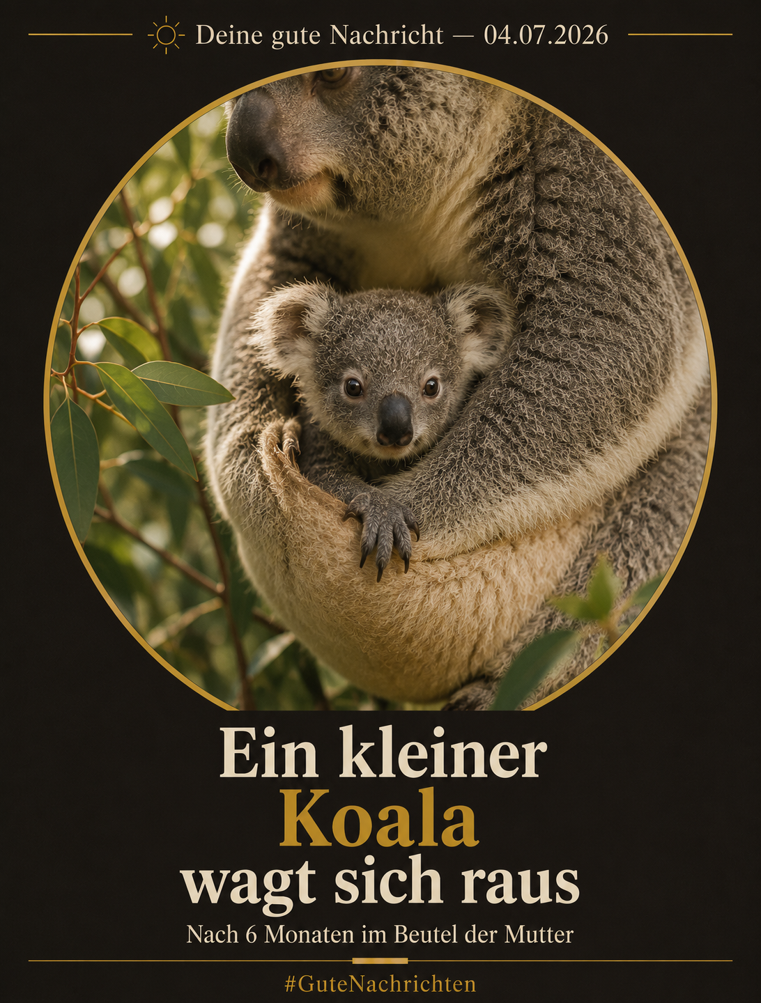 Ein Koala-Jungtier steckt seinen Kopf aus dem Beutel der Mutter, weiche Eukalyptusblätter im unscharfen Hintergrund