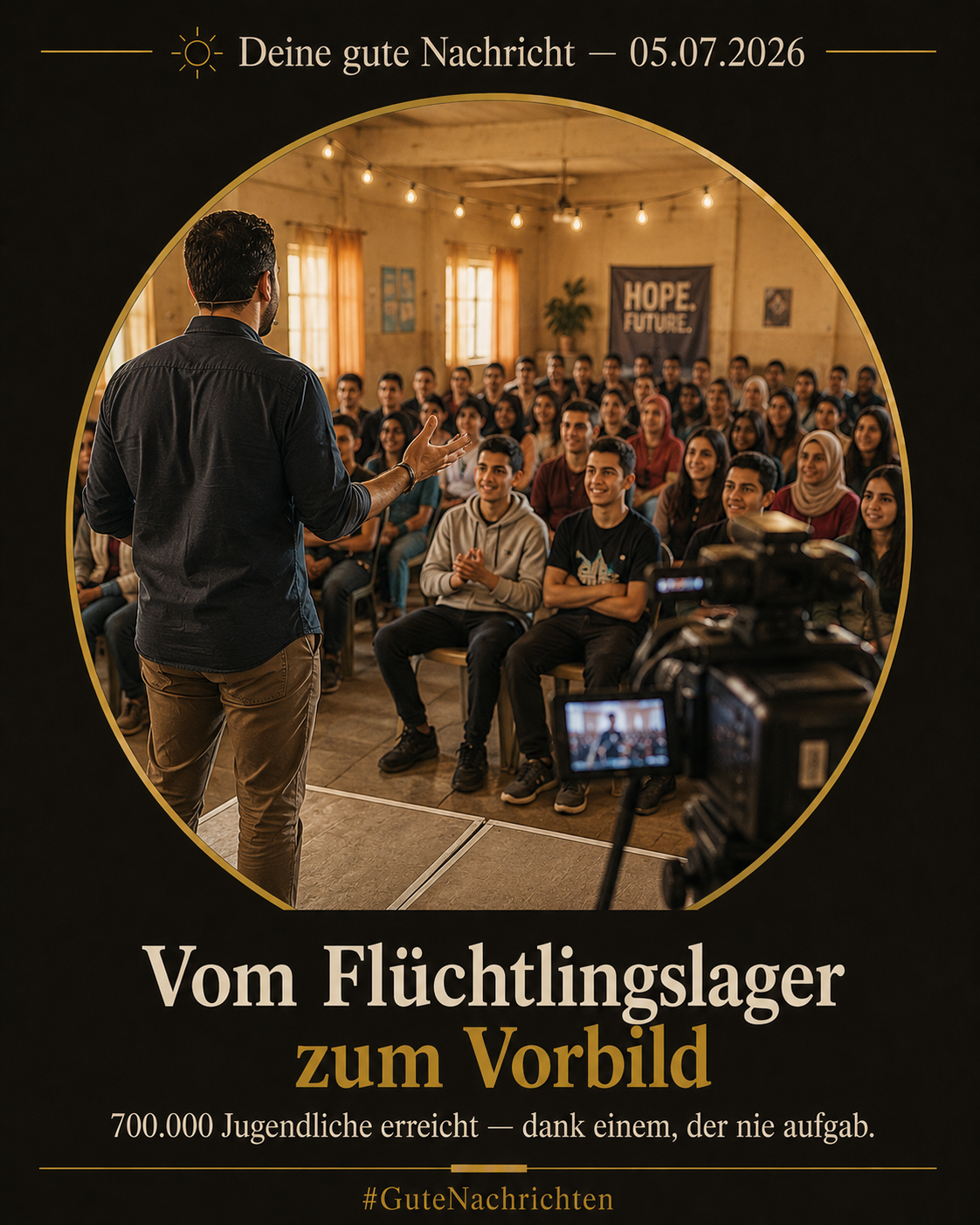 Blick von hinter einem Redner auf einer kleinen Bühne, der zu aufmerksamen Jugendlichen spricht; im Vordergrund eine Videokamera auf Stativ, warmes Licht