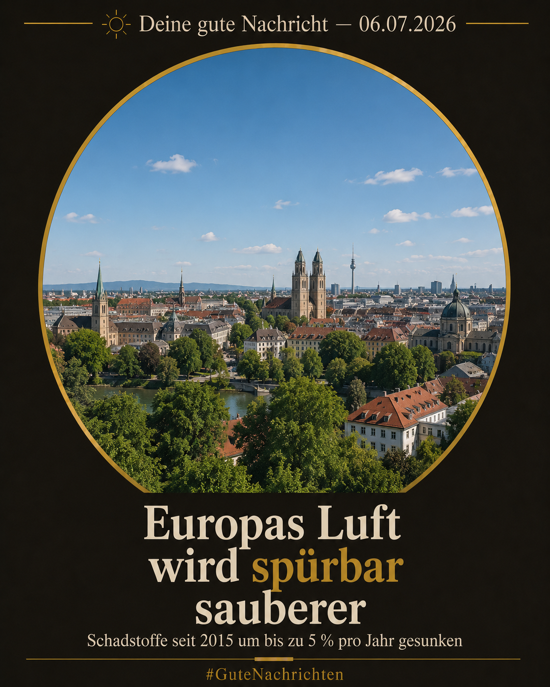 Klarer blauer Himmel über einer grünen europäischen Stadtlandschaft – Dächer, Bäume, saubere Luft, Sonnenlicht, kein Smog