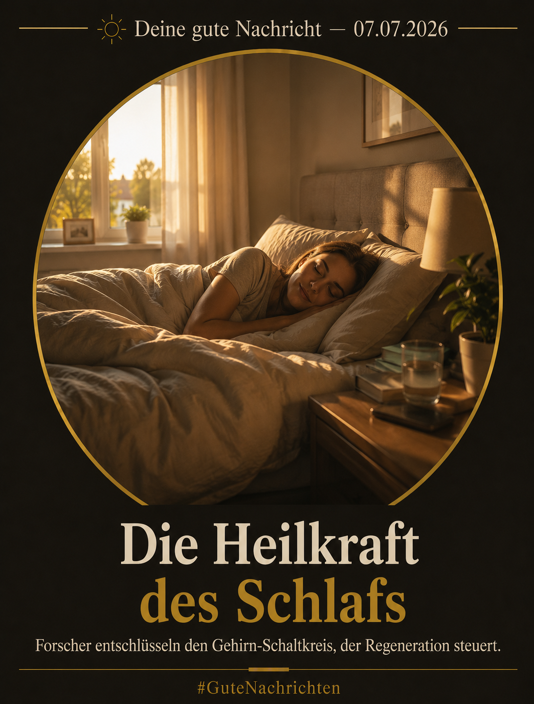 Ein Mensch schläft friedlich in einem sanft beleuchteten Schlafzimmer im Morgengrauen, warmes goldenes Licht fällt über das Bett