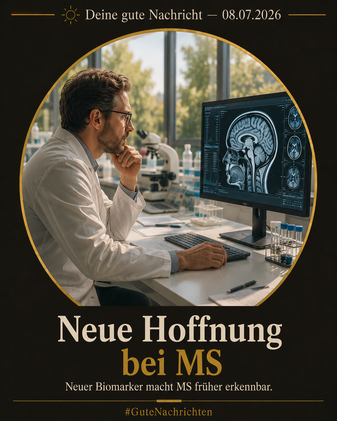 Eine Wissenschaftlerin im weißen Kittel betrachtet einen Hirnscan auf einem großen Monitor in einem modernen Neuro-Labor, warmes Tageslicht