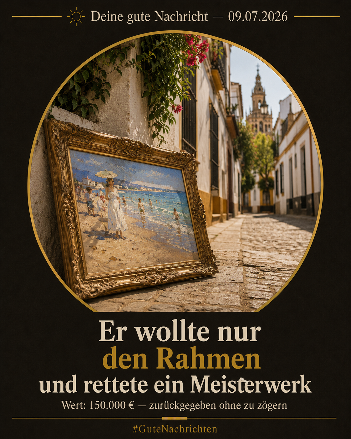 Ein kleines mediterranes Strandgemälde im Stil Sorollas in einem verzierten goldenen Rahmen, an eine weiße Steinmauer in einer Straße in Sevilla gelehnt