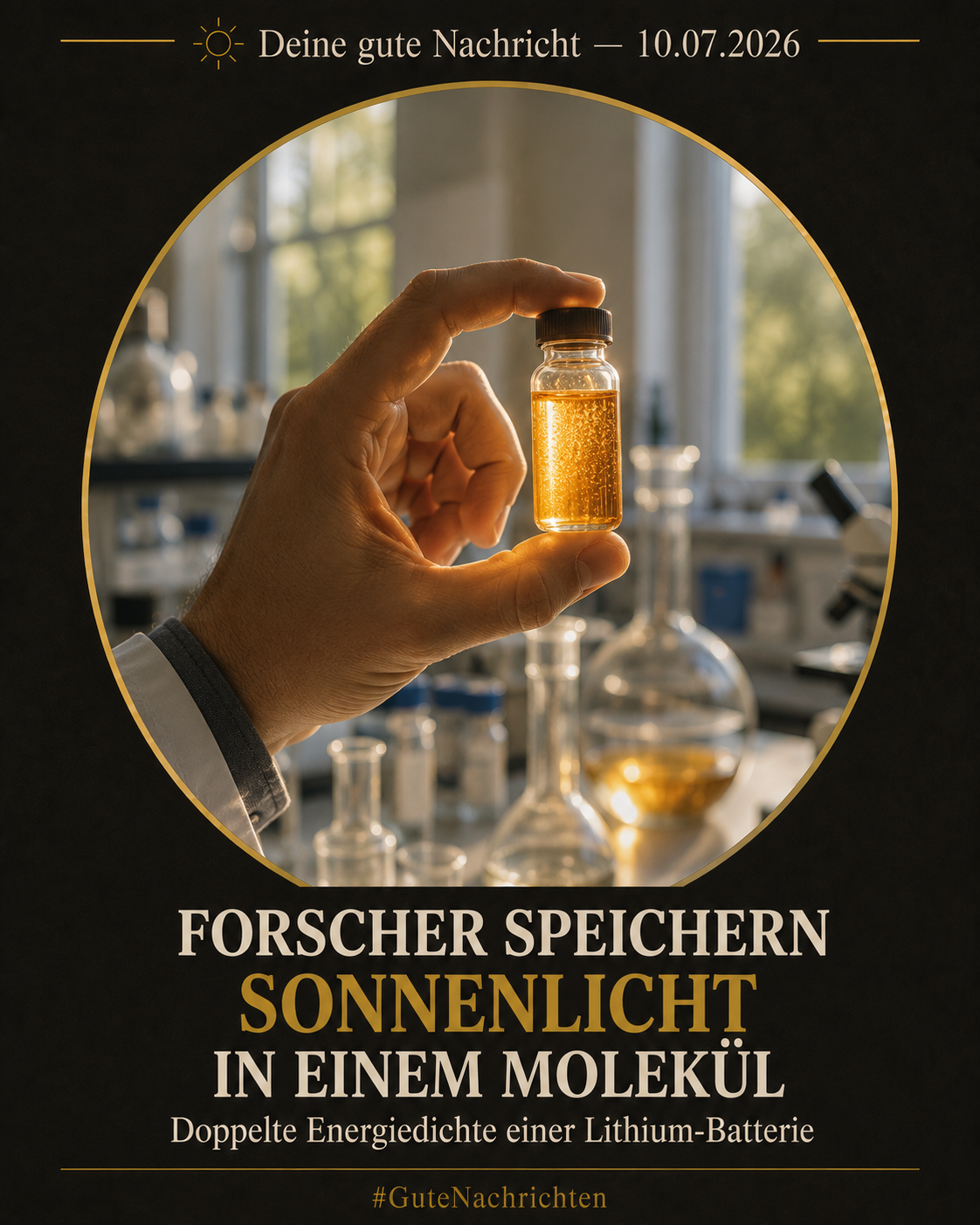 Die Hand einer Wissenschaftlerin hält ein kleines Glasfläschchen mit leuchtend bernsteingoldener Flüssigkeit in einem Chemielabor, warmes Fensterlicht