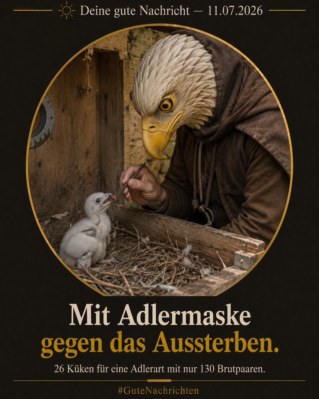 Eine Pflegerin mit Adlermaske und Umhang füttert vorsichtig ein kleines Schreiadler-Küken in einer Aufzuchtstation, warmes Licht