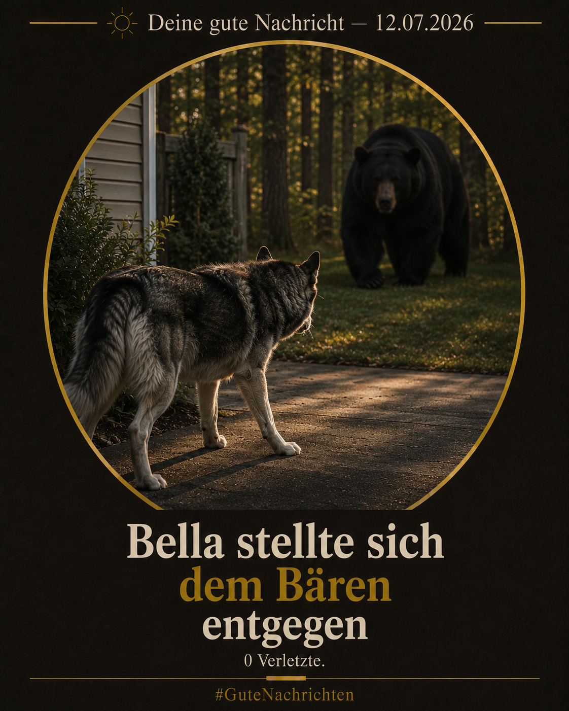 Eine Husky-Hündin steht schützend zwischen einem kleinen Jungen und einem Schwarzbären am Waldrand, warmes Morgenlicht