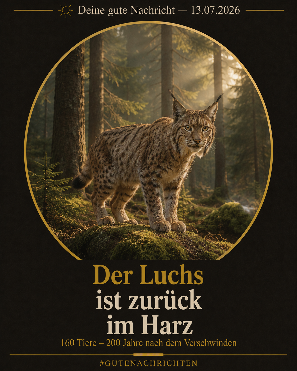 Ein Eurasischer Luchs steht aufmerksam in einem nebligen Fichtenwald im Harz im Morgenlicht, moosbedeckter Boden