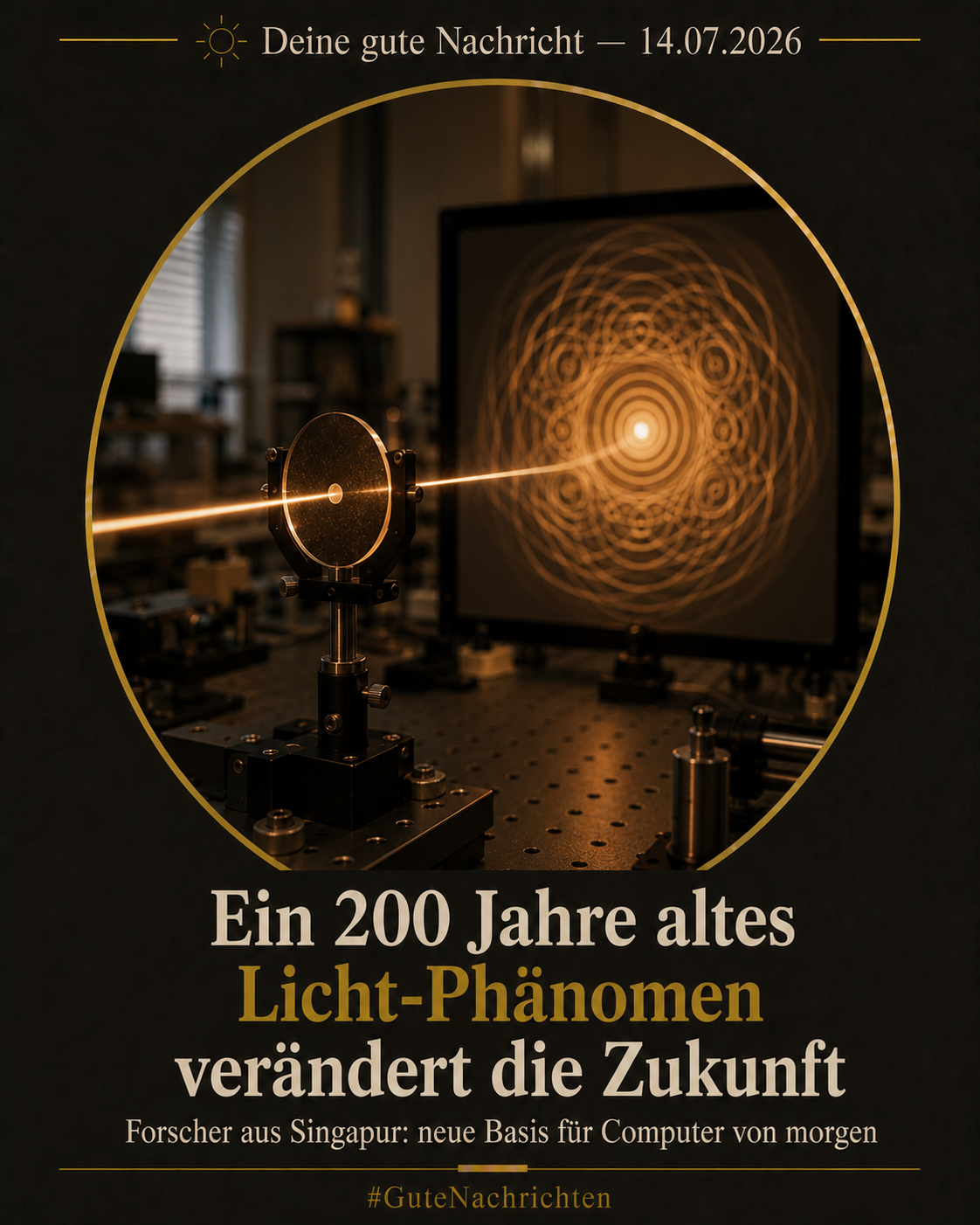 Physiklabor: ein warm-bernsteinfarbener Laserstrahl trifft auf eine kleine runde Scheibe und wirft ein feines, kreisförmiges Interferenzmuster auf einen Schirm dahinter