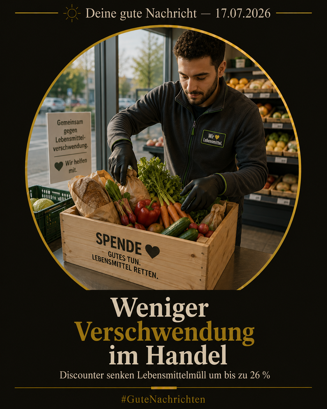 Ein Supermarkt-Mitarbeiter packt frisches, makelloses Gemüse und Brot in eine Holzkiste für die Spende – weiches Morgenlicht durch ein Ladenfenster