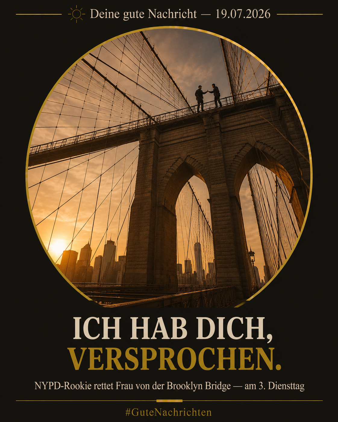 Die steinernen Bögen und Stahlseile der Brooklyn Bridge im warmen Morgenlicht – zwei kleine Silhouetten stehen einander zugewandt auf dem Kabelweg, eine reicht der anderen beruhigend die Hand
