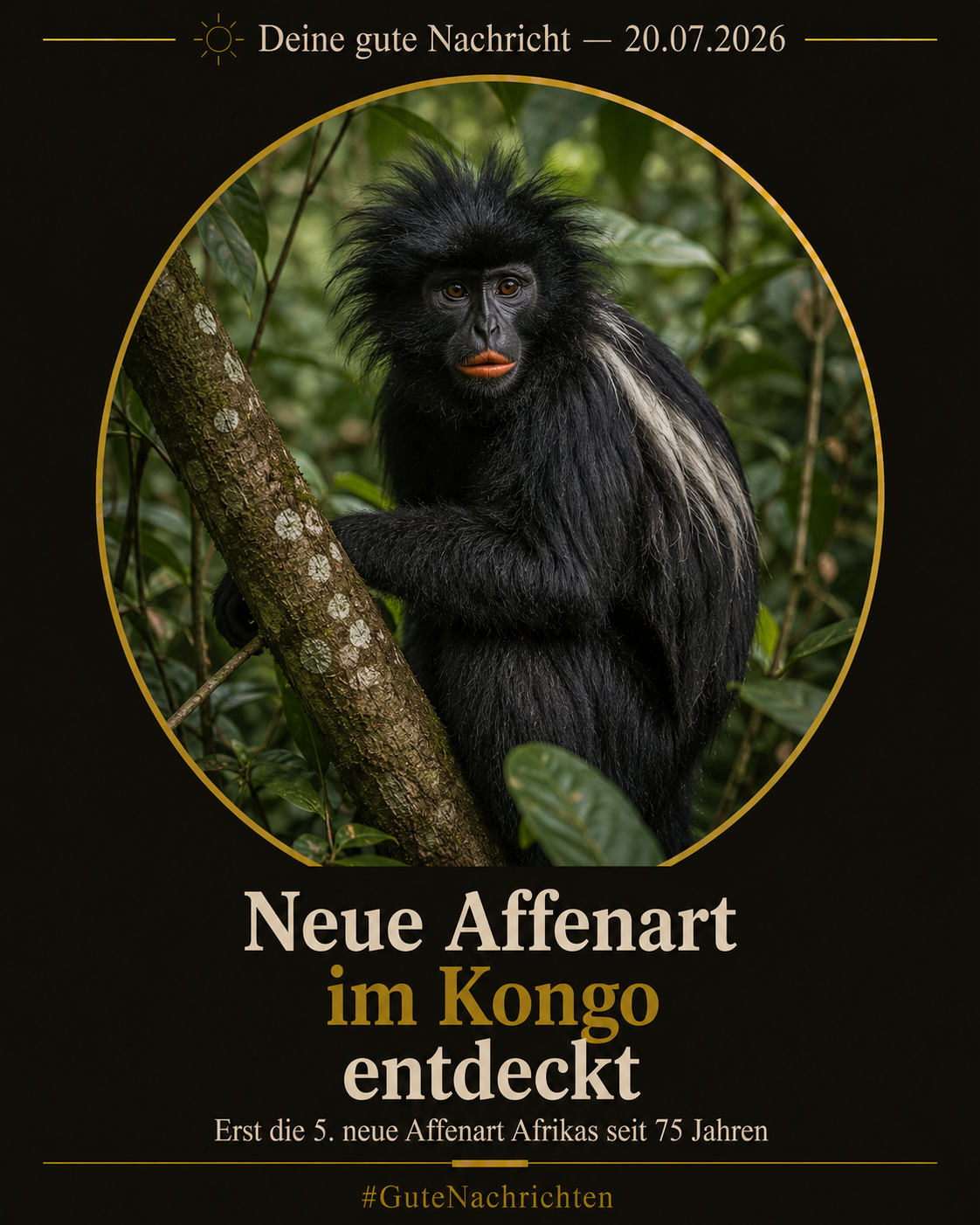 Ein kleiner schwarzer Colobus-Affe mit orange-cremefarbenen Hautflecken um Mund und Nase und dunkler Mähne sitzt auf einem Ast hoch im dichten Kronendach des Kongo-Regenwaldes