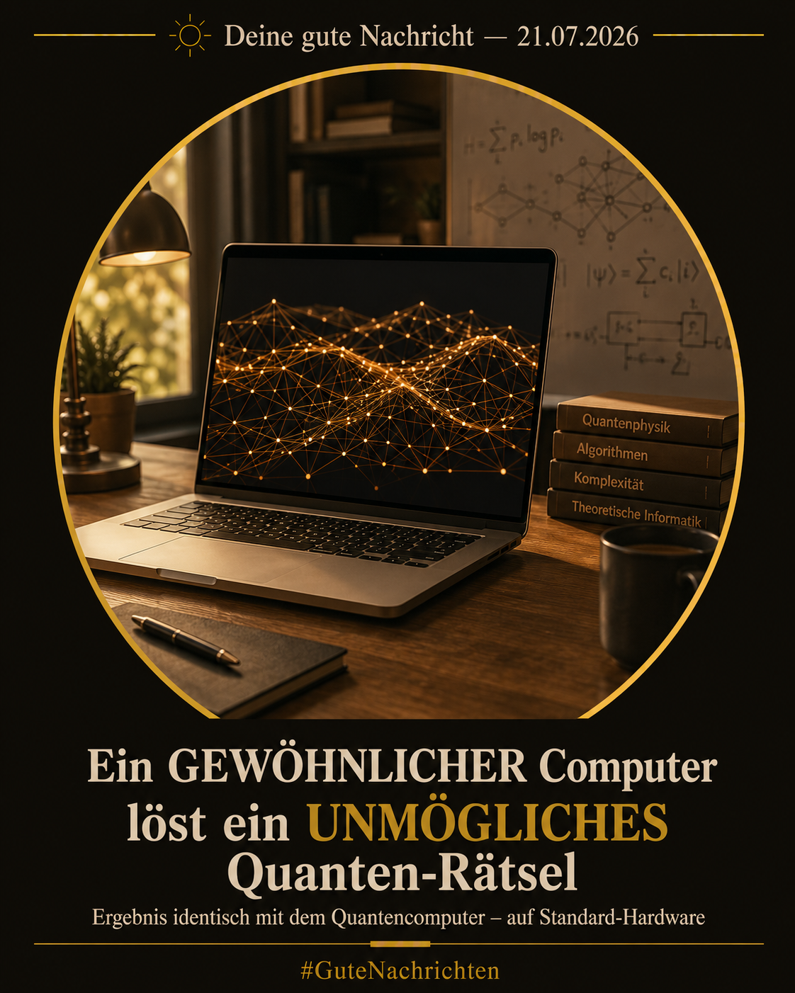 Ein schlichter Laptop auf einem Holzschreibtisch in einem ruhigen Büro, der Bildschirm zeigt ein sanft golden leuchtendes, feines Liniengeflecht als Symbol für Tensornetzwerke, warmes Seitenlicht