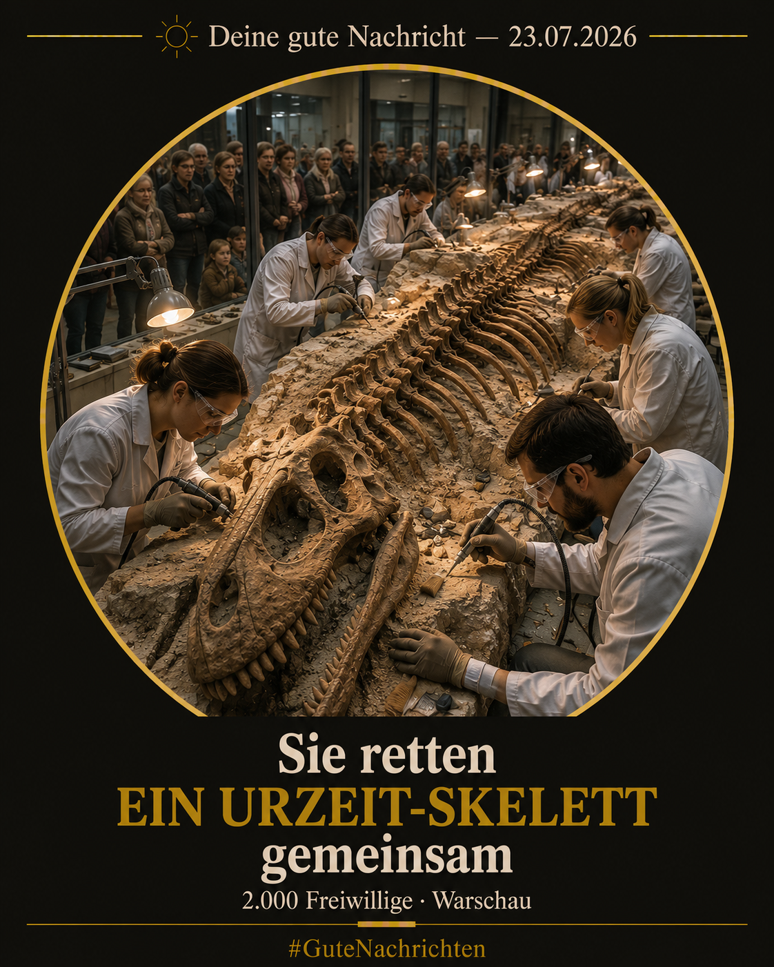 Freiwillige in Laborkitteln und Schutzbrillen befreien mit Druckluftmeißeln und Pinseln ein riesiges versteinertes Skelett aus dem Gestein, im Hintergrund beobachten Museumsbesucher durch eine Glaswand
