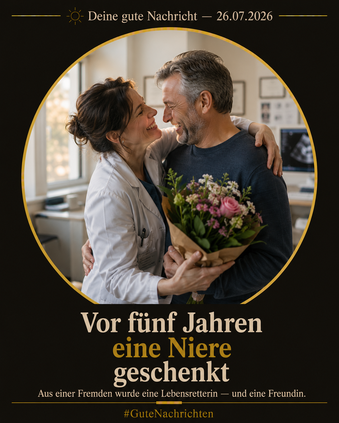 Eine herzliche Umarmung zwischen einer Ärztin im weißen Kittel und einem Mann mit einem kleinen Blumenstrauß, beide lächeln vor Freude, in einem hellen modernen Arztzimmer mit weichem Fensterlicht