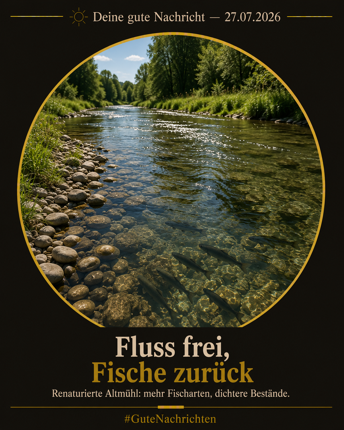 Ein klarer, sanft strömender Fluss mit natürlichen Kiesufern, Sonnenlicht glitzert auf der Wasseroberfläche, Fische zeichnen sich unter der Oberfläche ab, üppige grüne Ufervegetation