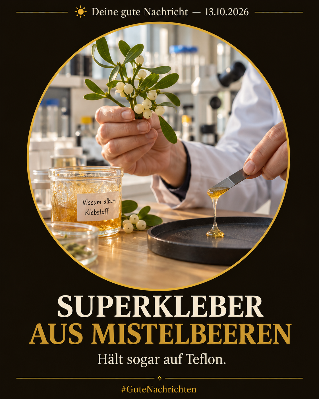 Hände eines Forschers halten einen Mistelzweig mit weißen Beeren und einen Tropfen bernsteinfarbenen Klebstoff auf einer Teflon-Probe in einem hellen Universitätslabor, warmes natürliches Licht, editorial-dokumentarischer Stil