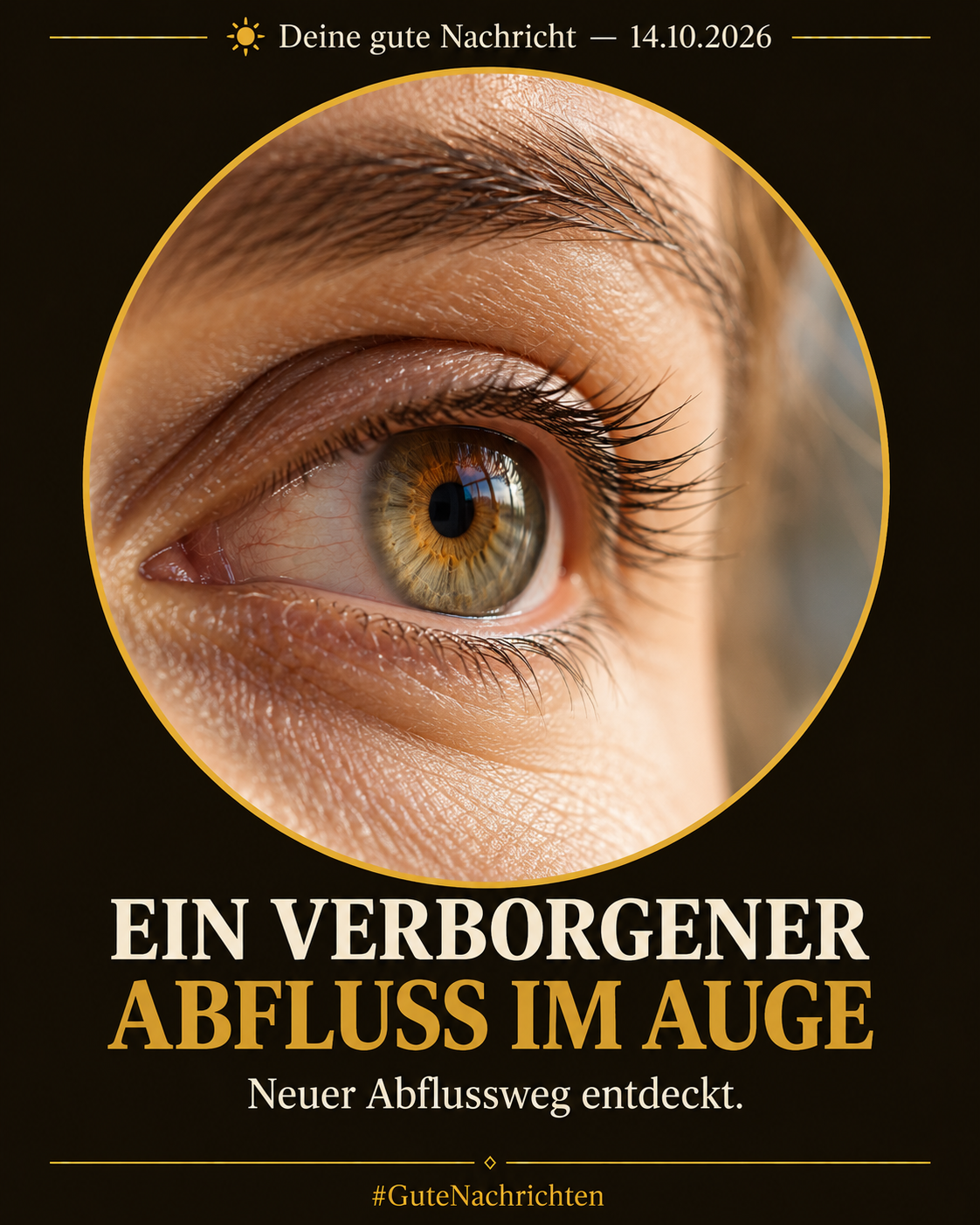 Makroaufnahme eines ruhigen menschlichen Auges in warmem, weichem Tageslicht, natürliche Irisdetails, editorial-dokumentarischer Stil