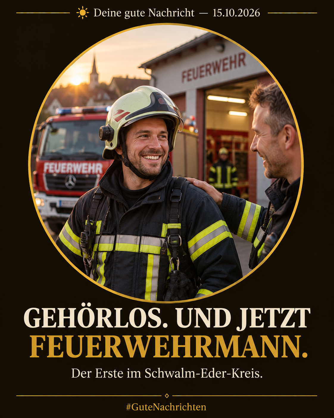 Ein lächelnder Feuerwehrmann in Einsatzkleidung steht vor einem roten Feuerwehrfahrzeug an einem Dorf-Feuerwehrhaus, ein Kamerad tippt ihm freundlich auf die Schulter, warmes Abendlicht, editorial-dokumentarischer Stil