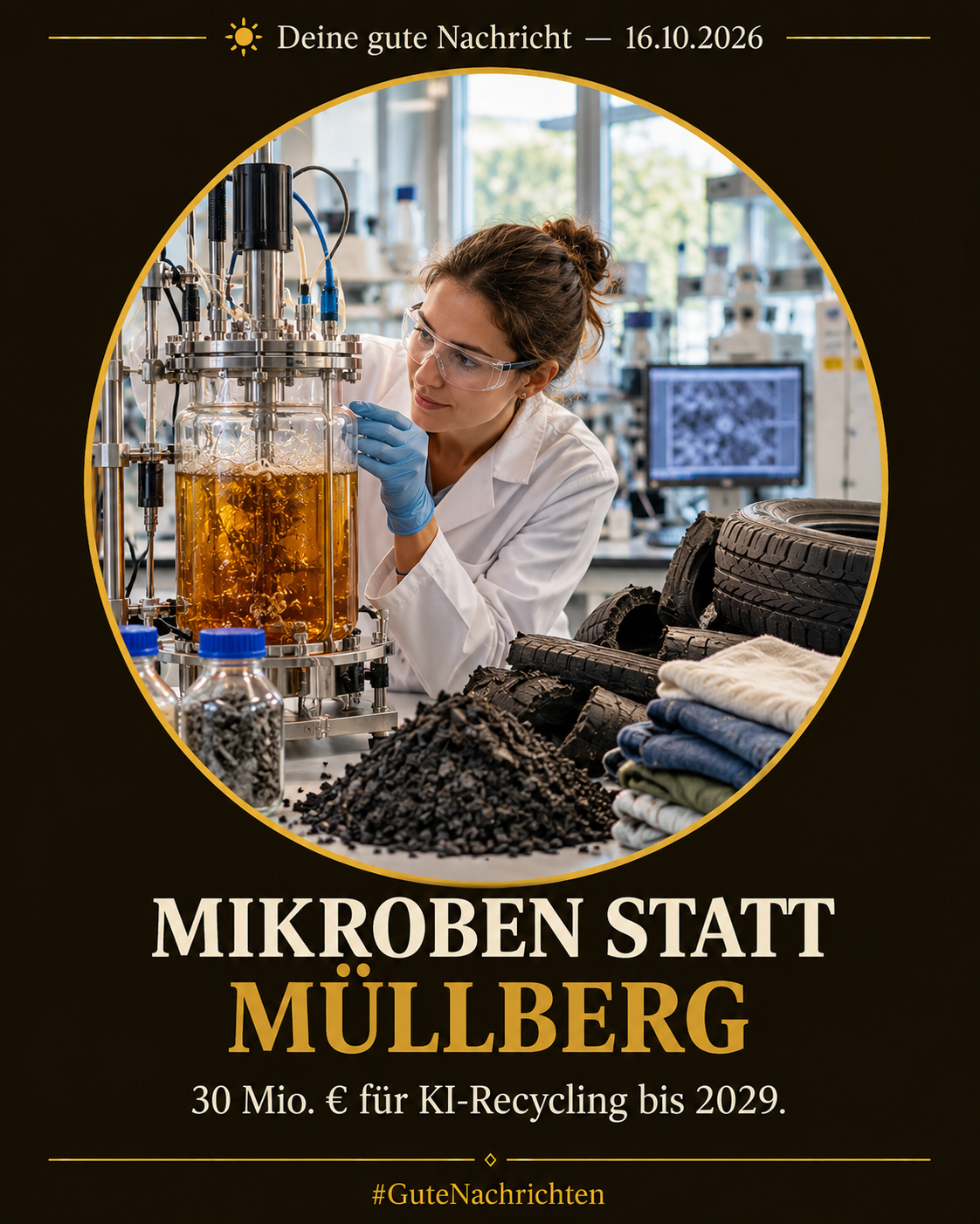 Ein Forscher in weißem Kittel und Schutzbrille betrachtet in einem modernen Recycling-Labor einen Glas-Bioreaktor mit bernsteinfarbener Flüssigkeit, im Hintergrund geschredderte Altreifen und Textilien, natürliches Fensterlicht, editorial-dokumentarischer Stil