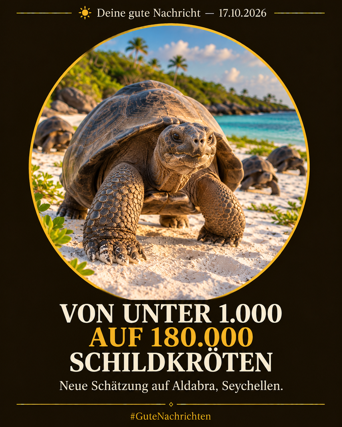Eine große Aldabra-Riesenschildkröte mit verwittertem Panzer läuft über weißen Sand auf einem tropischen Atoll, im Hintergrund eine türkisfarbene Lagune, warmes Nachmittagslicht, dokumentarische Naturfotografie