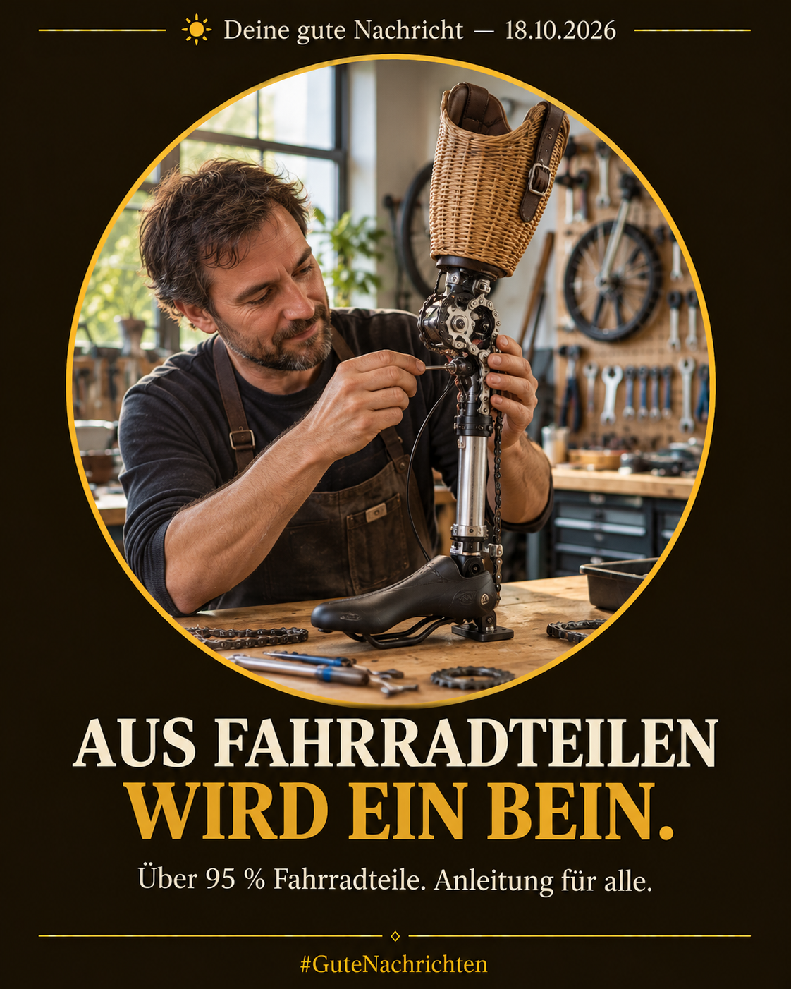 Ein Prothesen-Spezialist baut in einer Werkstatt mit warmem Tageslicht eine Beinprothese aus Fahrradteilen auf einer Werkbank, im Hintergrund Fahrradräder und Werkzeug, editorial-dokumentarischer Stil