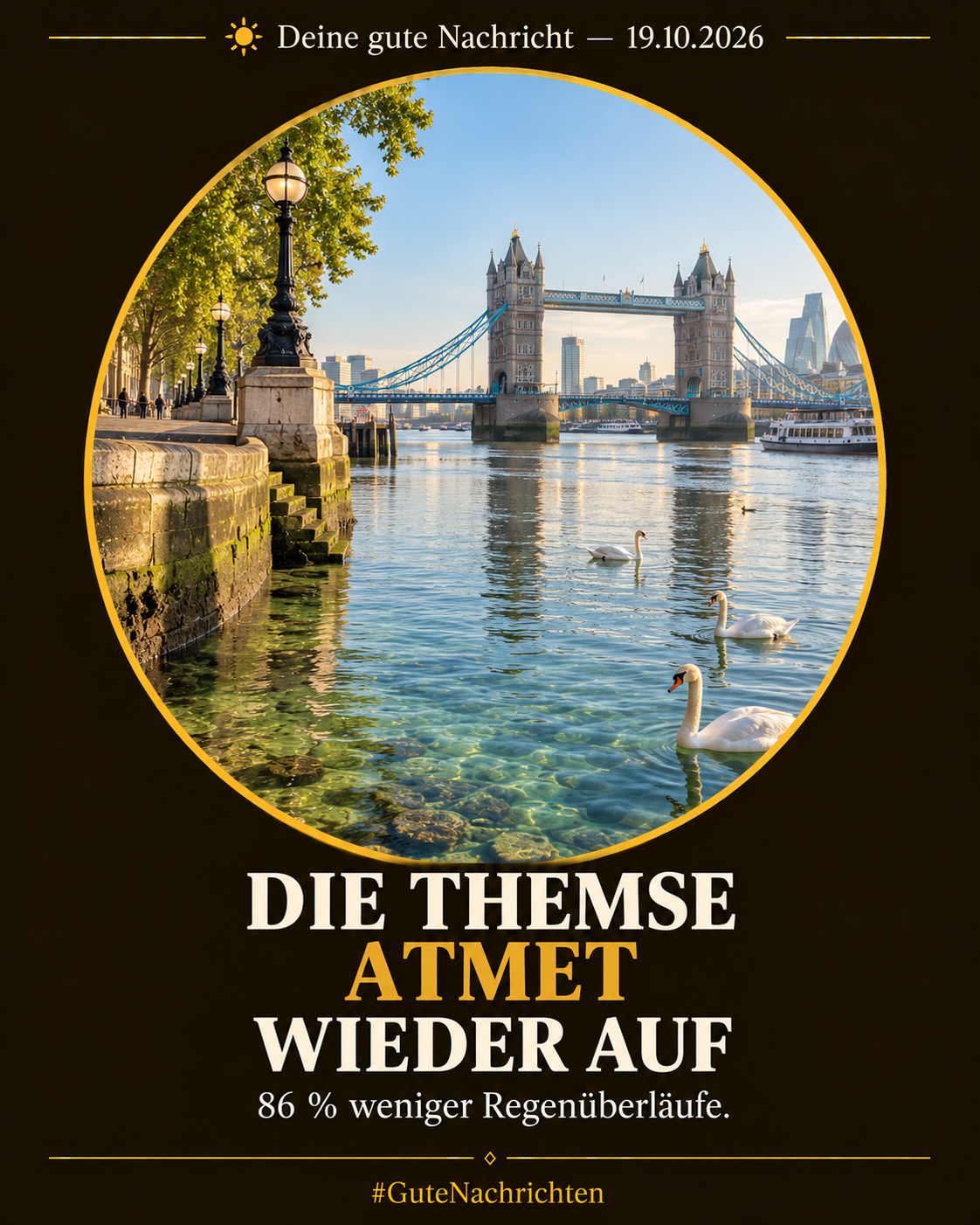 Die Themse in London an einem ruhigen frühen Morgen, klares grünliches Wasser, viktorianische Uferbefestigung mit Laternen, Schwäne auf dem Wasser, die Tower Bridge im Hintergrund, weiches Tageslicht, dokumentarische Fotografie