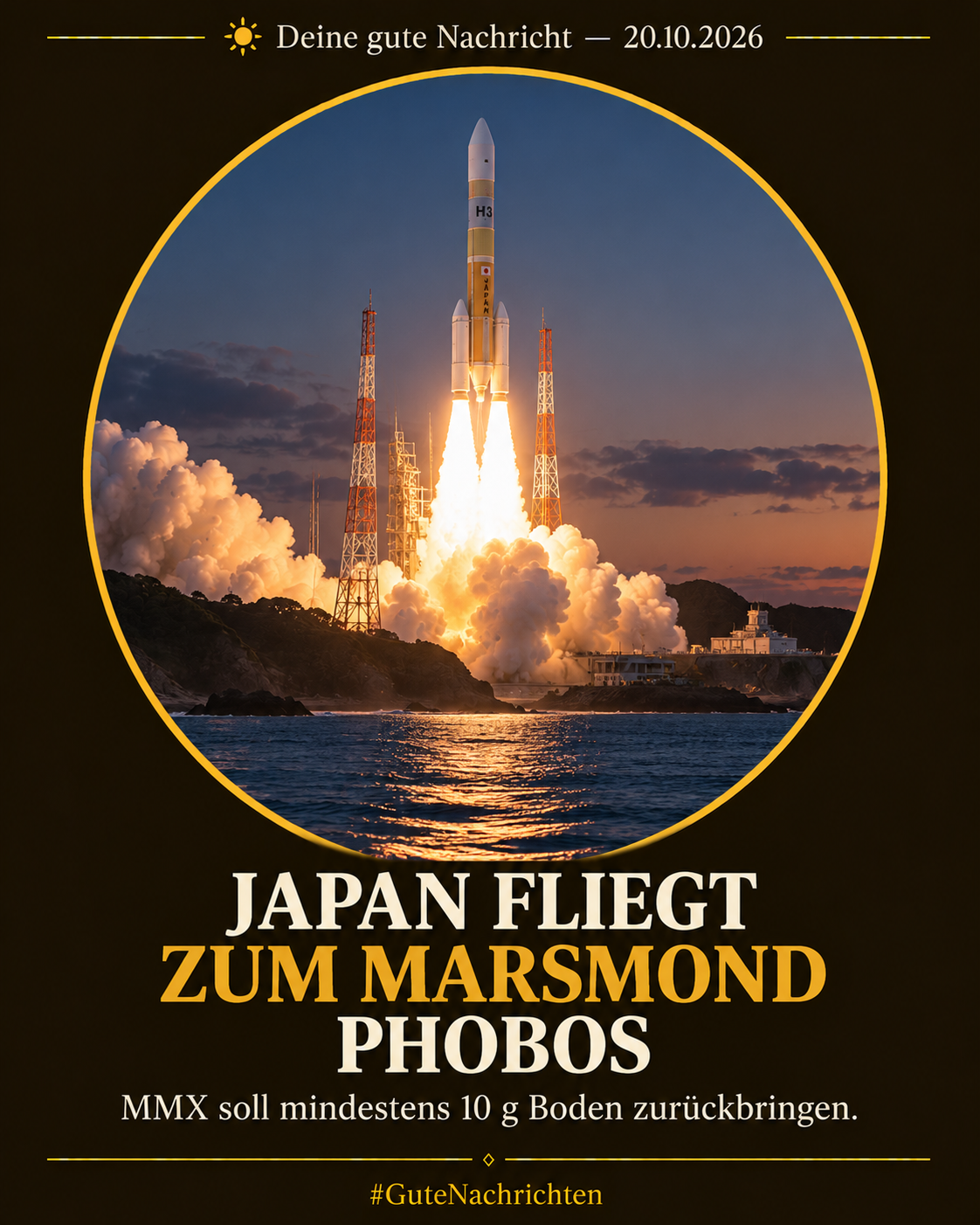 Eine japanische H3-Rakete hebt vor Sonnenaufgang vom Raumfahrtzentrum Tanegashima ab, heller Abgasstrahl über ruhigem Meer, dokumentarische Fotografie