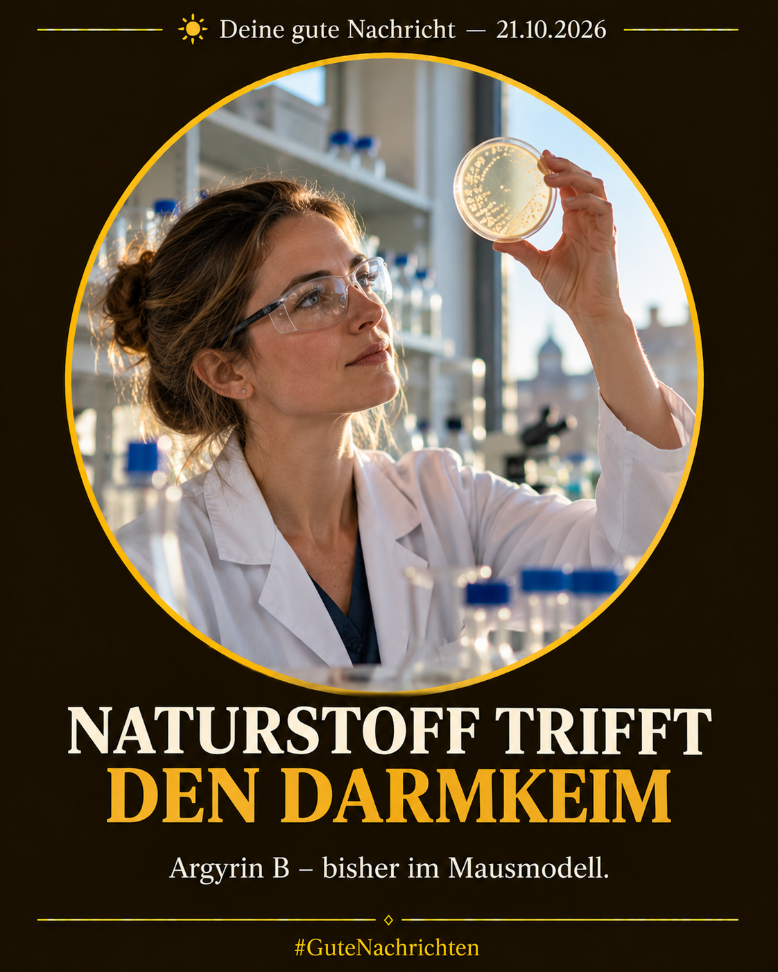 Eine Forscherin in weißem Kittel und Schutzbrille hält in einem hellen, modernen Universitätslabor eine Petrischale gegen das Licht, warmes Fensterlicht, editorial-dokumentarischer Stil