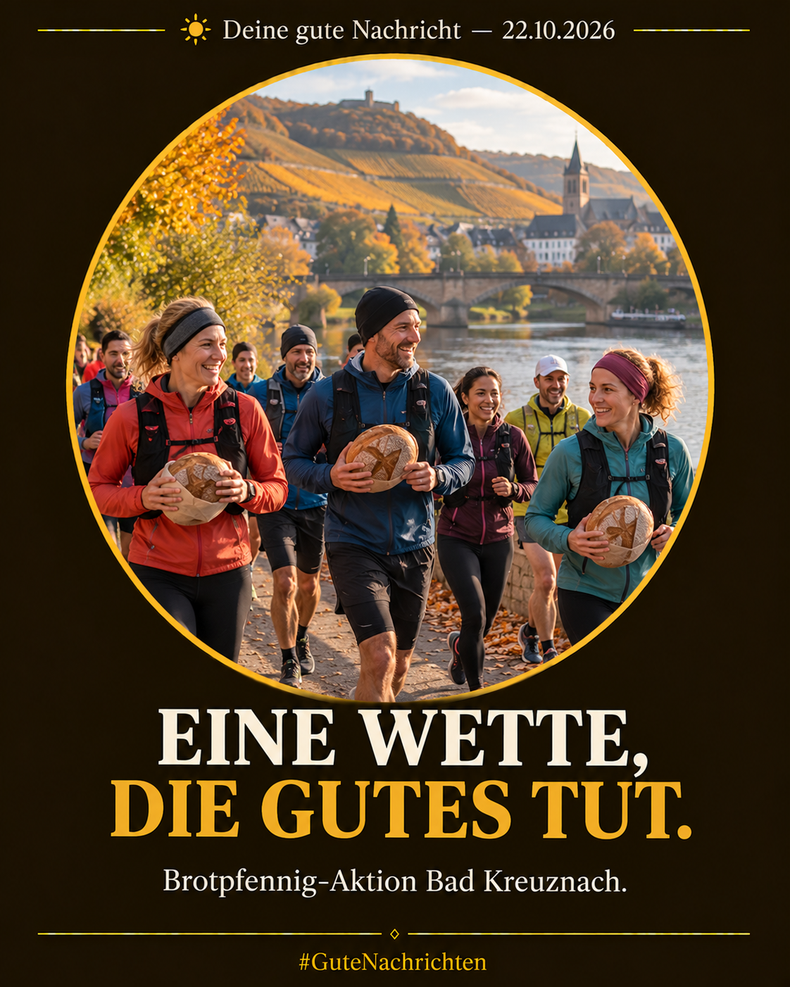 Eine Gruppe von Hobbyläuferinnen und -läufern in Herbstjacken läuft an einem Flussweg in der Weinregion bei Bad Kreuznach im weichen Morgenlicht, im Hintergrund goldbraune Weinberge und eine Steinbrücke, editorial-dokumentarischer Stil