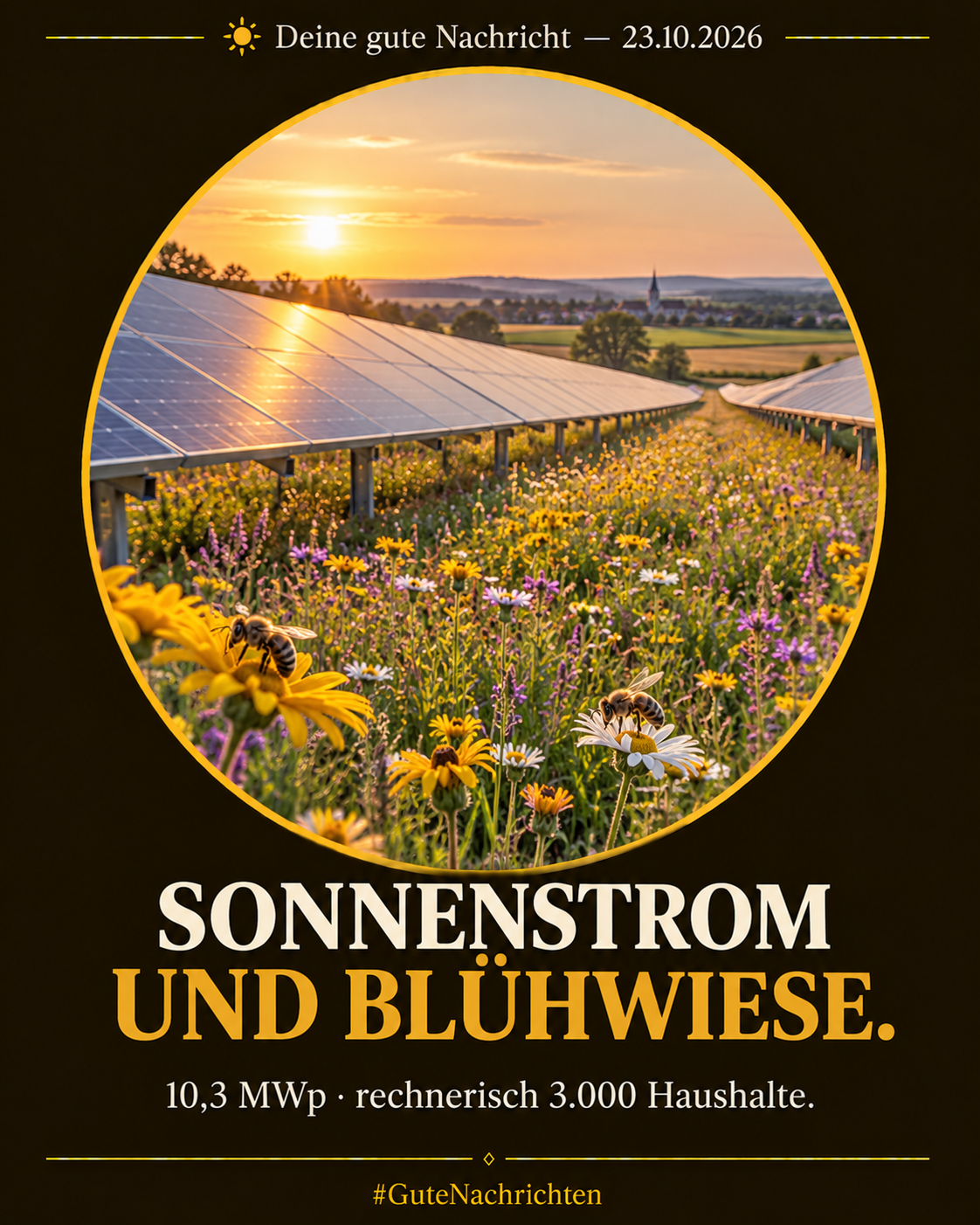 Ein Solarpark im niedersächsischen Flachland, zwischen den Modulreihen eine Blühwiese mit Wildblumen und Bienen im goldenen Abendlicht, im Hintergrund Ackerflächen und ein Dorf, dokumentarische Fotografie (Illustration)
