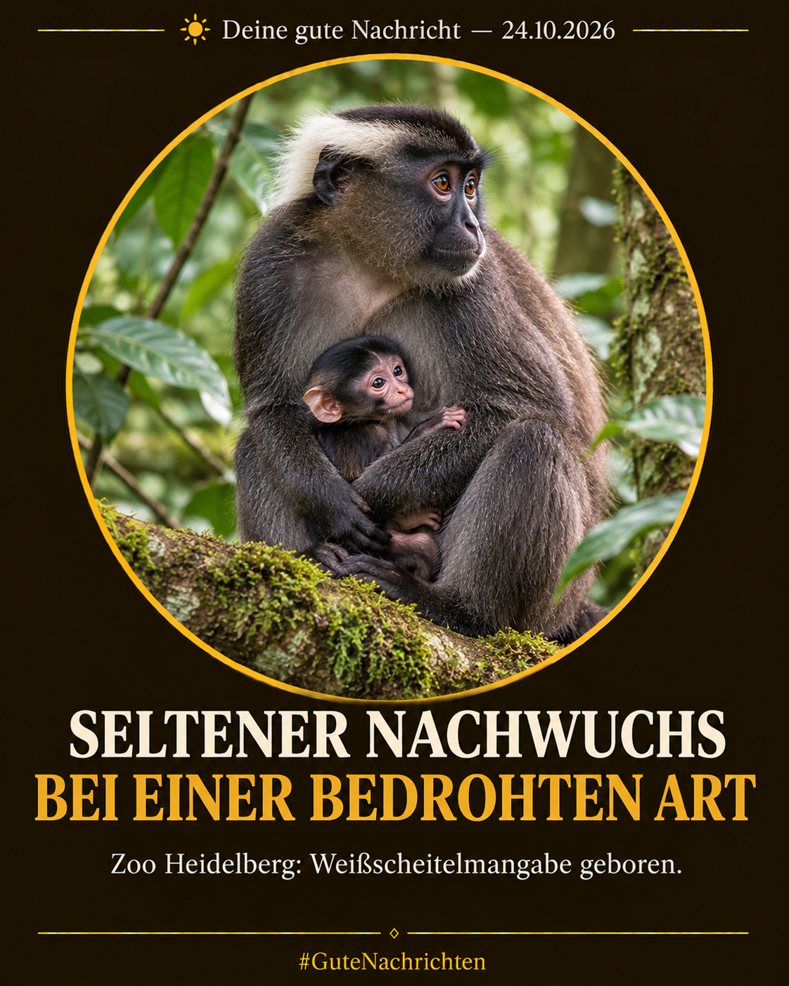 Ein Weißscheitelmangaben-Weibchen sitzt auf einem bemoosten Ast im westafrikanischen Regenwald und hält ihr Jungtier an der Brust, weiches Tageslicht, dokumentarische Wildtierfotografie (KI-Illustration)
