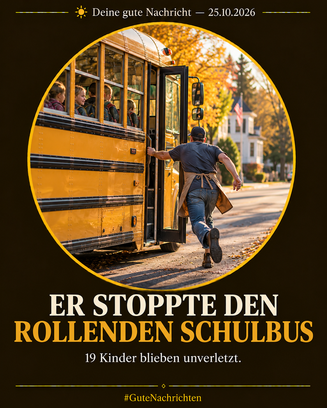 Ein gelber amerikanischer Schulbus steht mit offener Tür an einer ruhigen Straße im warmen Nachmittagslicht, daneben ein junger Mann in einer Schürze von hinten gesehen, durch die Fenster sind Schulkinder zu erkennen, dokumentarischer Stil (KI-Illustration)