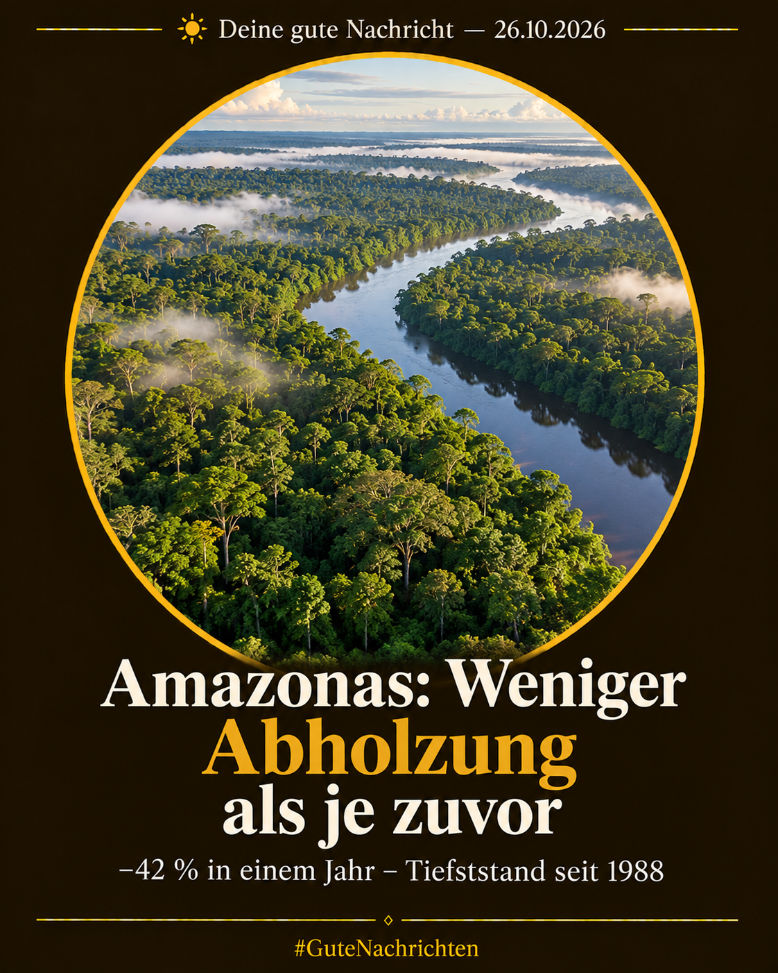 Luftaufnahme eines dichten, üppigen Amazonas-Regenwalds im weichen Morgenlicht, ein breiter Fluss schlängelt sich durch intakten grünen Wald, leichter Nebel über den Baumkronen, dokumentarischer Stil (KI-Illustration)