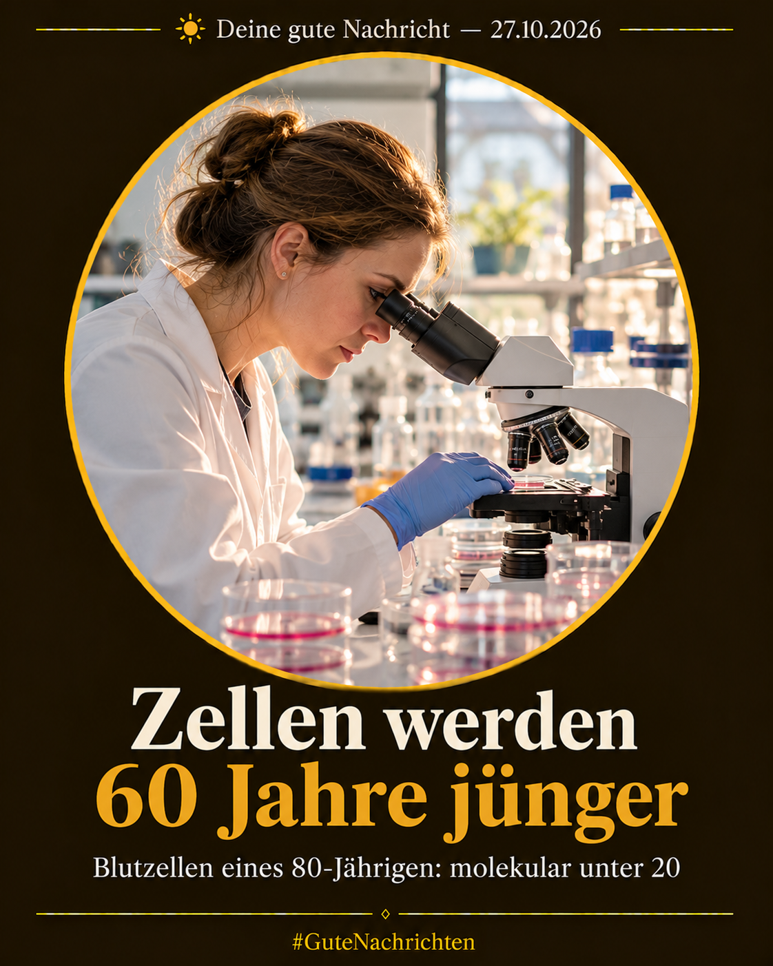 Eine Forscherin im weißen Kittel arbeitet in einem modernen Labor an einem Mikroskop, im Hintergrund unscharf Petrischalen und Laborglas, warmes natürliches Licht, dokumentarischer Stil (KI-Illustration)